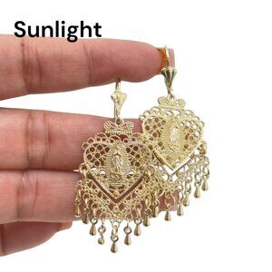 NEW Gold Filled Gold Filigree Heart Dangle Earrings With Virgin Mary Design